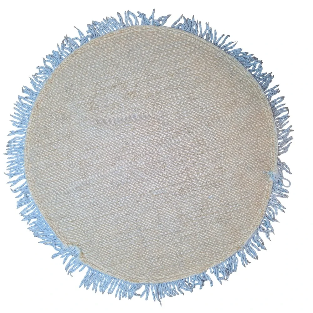 Vtg Light Blue Round Shag Bath Rug Fringed Tassel Retro MCM 24 Inch Small Rug